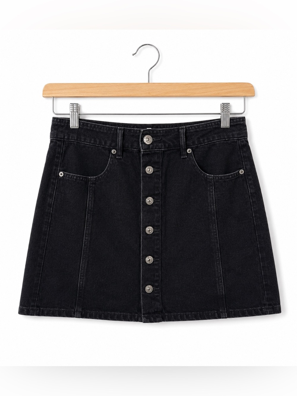 American Eagle Black Button Front Denim Mini Skirt Size 6 Y2K Preppy Trend